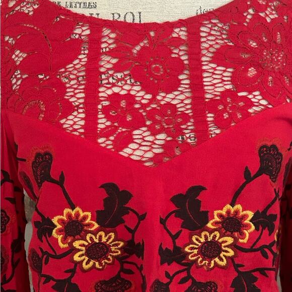 For Love & Lemons $211 Cecelia Crop Top Hot Red sunflower revolve embroidered L - Picture 3 of 10